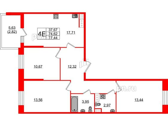 Квартира в ЖК Аквилон Stories, 3 комнатная, 77.44 м², 5 этаж