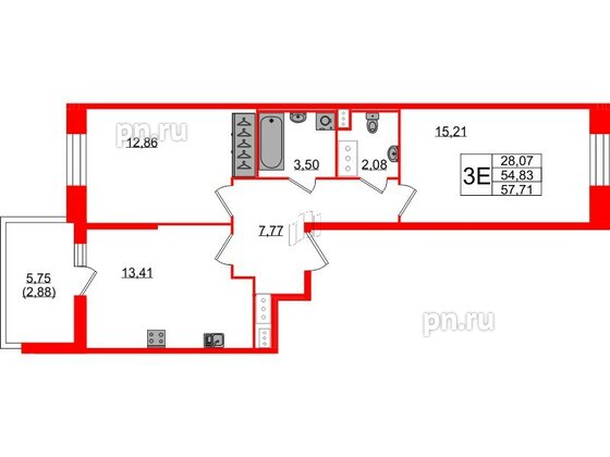 Квартира в ЖК Аквилон Stories, 2 комнатная, 57.71 м², 8 этаж