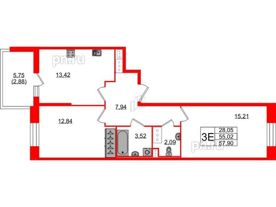 Квартира в ЖК Аквилон Stories, 2 комнатная, 57.9 м², 3 этаж