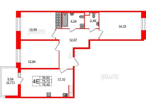 Квартира в ЖК Аквилон Stories, 3 комнатная, 78.49 м², 3 этаж