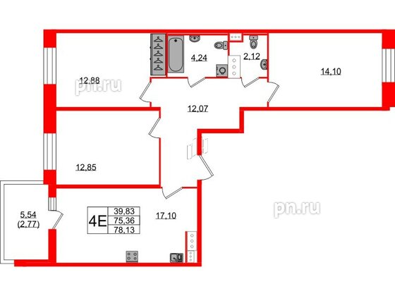 Квартира в ЖК Аквилон Stories, 3 комнатная, 78.13 м², 5 этаж