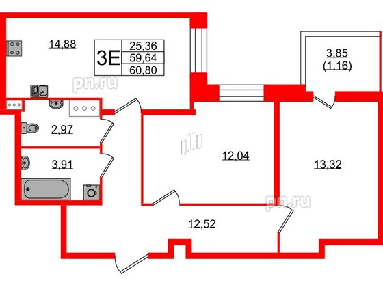 Квартира в ЖК Аквилон Stories, 2 комнатная, 60.8 м², 12 этаж