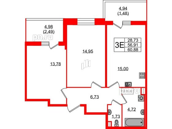 Квартира в ЖК Аквилон Stories, 2 комнатная, 60.88 м², 9 этаж