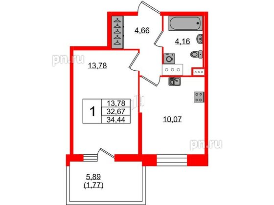 Квартира в ЖК Аквилон Stories, 1 комнатная, 34.44 м², 3 этаж