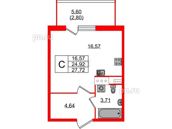 Квартира в ЖК Аквилон Stories, студия, 27.72 м², 6 этаж