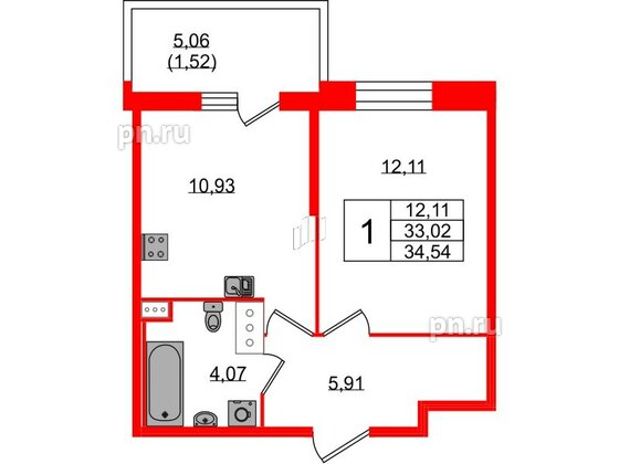 Квартира в ЖК Аквилон Stories, 1 комнатная, 34.54 м², 4 этаж