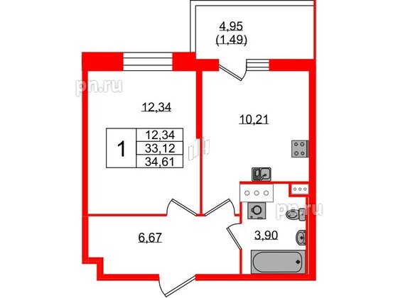 Квартира в ЖК Аквилон Stories, 1 комнатная, 34.61 м², 5 этаж