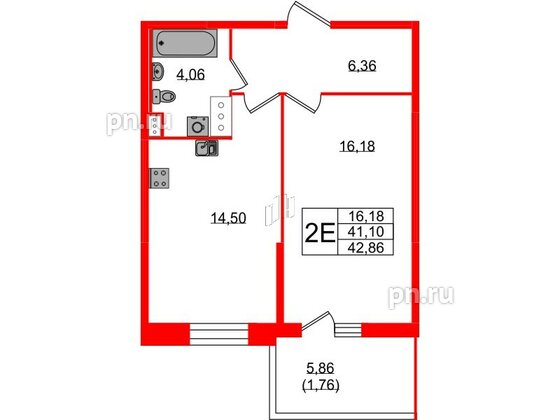 Квартира в ЖК Аквилон Stories, 1 комнатная, 42.86 м², 3 этаж