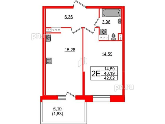 Квартира в ЖК Аквилон Stories, 1 комнатная, 42.02 м², 10 этаж