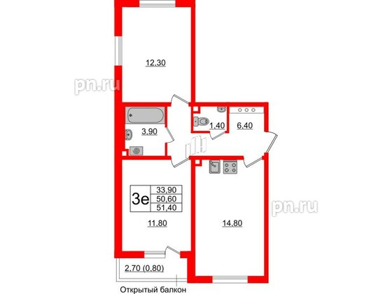 Квартира в ЖК Ржевский парк, 2 комнатная, 51.4 м², 10 этаж