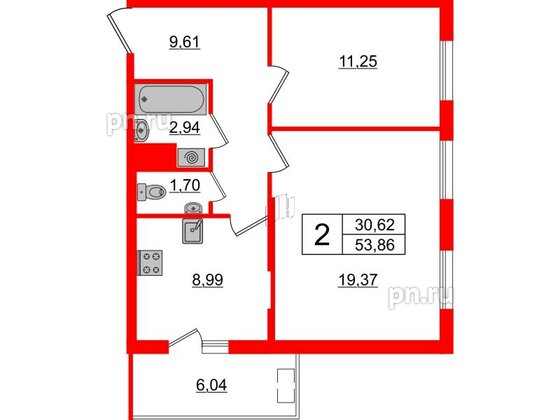 Квартира в ЖК «Новоорловский», 2 комнатная, 55.6 м², 16 этаж