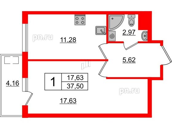 Квартира в ЖК «Новоорловский», 1 комнатная, 38.5 м², 25 этаж