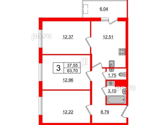 Квартира в ЖК «Новоорловский», 3 комнатная, 65.6 м², 24 этаж