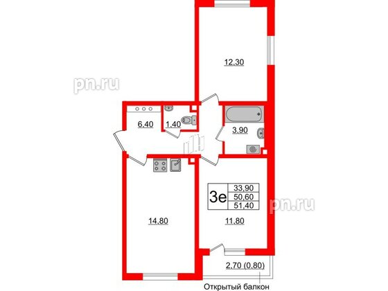 Квартира в ЖК Ржевский парк, 2 комнатная, 51.4 м², 3 этаж