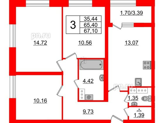 Квартира в ЖК БелАРТ, 3 комнатная, 67.1 м², 16 этаж