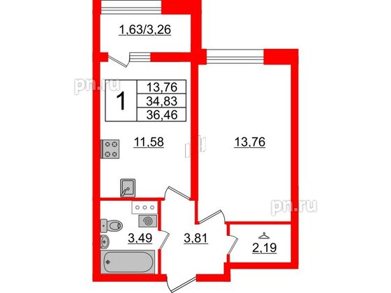 Квартира в ЖК БелАРТ, 1 комнатная, 36.46 м², 13 этаж