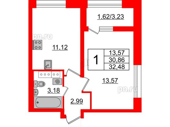 Квартира в ЖК БелАРТ, 1 комнатная, 32.48 м², 14 этаж