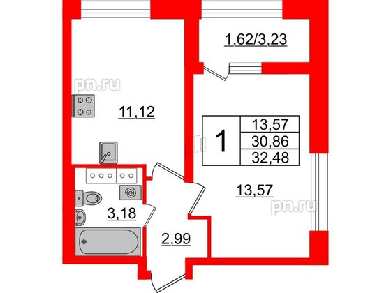 Квартира в ЖК БелАРТ, 1 комнатная, 32.48 м², 17 этаж