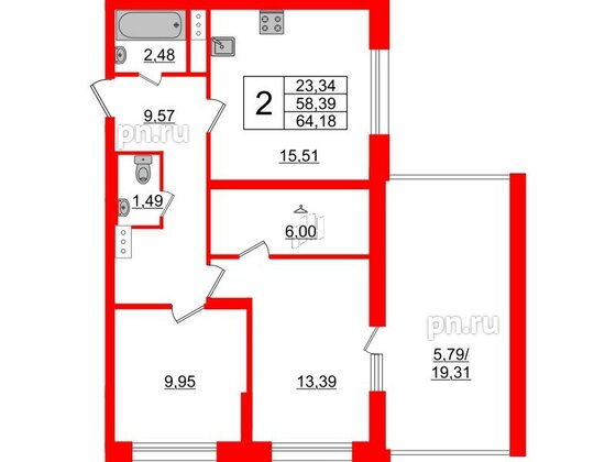 Квартира в ЖК БелАРТ, 2 комнатная, 64.18 м², 10 этаж