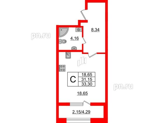 Квартира в ЖК БелАРТ, студия, 33.3 м², 1 этаж