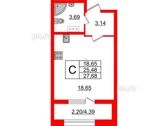 Квартира в ЖК БелАРТ, студия, 27.68 м², 8 этаж