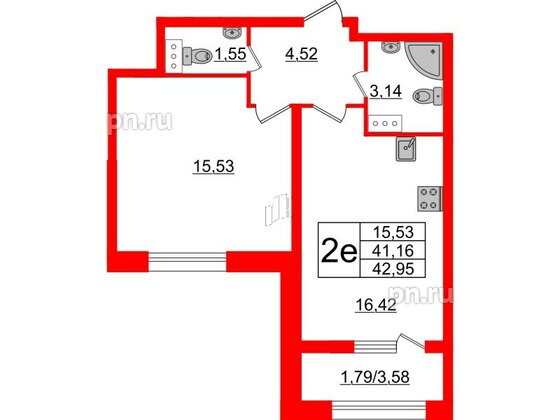 Квартира в ЖК БелАРТ, 1 комнатная, 42.95 м², 8 этаж