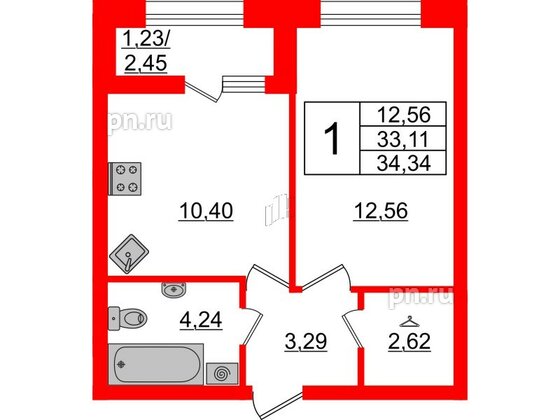 Квартира в ЖК БелАРТ, 1 комнатная, 34.34 м², 2 этаж