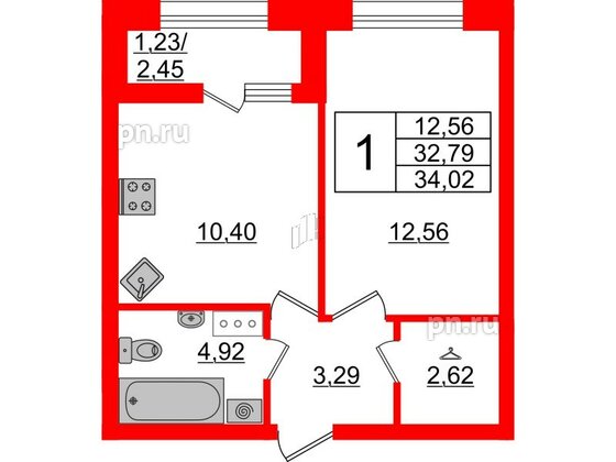 Квартира в ЖК БелАРТ, 1 комнатная, 34.02 м², 3 этаж