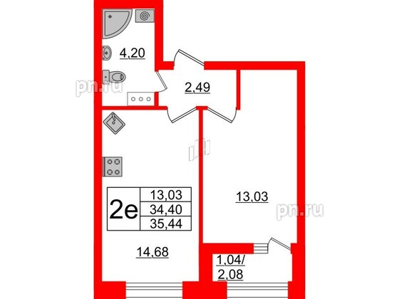 Квартира в ЖК БелАРТ, 1 комнатная, 35.44 м², 4 этаж