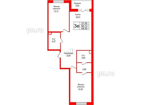 Квартира в ЖК Энфилд, 2 комнатная, 68.55 м², 2 этаж