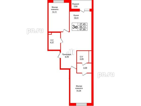 Квартира в ЖК Энфилд, 2 комнатная, 67.95 м², 9 этаж