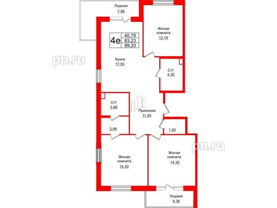 Квартира в ЖК Энфилд, 3 комнатная, 89.2 м², 2 этаж