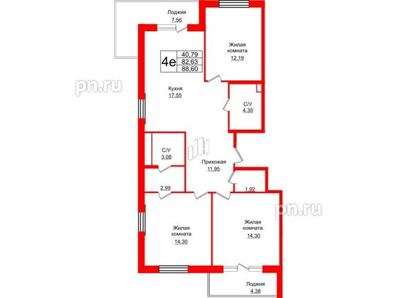 Квартира в ЖК Энфилд, 3 комнатная, 88.6 м², 3 этаж