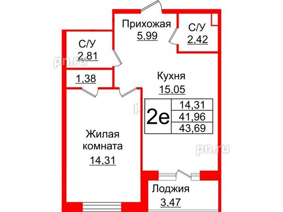 Квартира в ЖК Энфилд, 1 комнатная, 43.69 м², 3 этаж