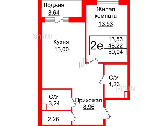 Квартира в ЖК Энфилд, 1 комнатная, 50.04 м², 2 этаж