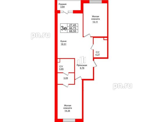 Квартира в ЖК Энфилд, 2 комнатная, 68.55 м², 2 этаж