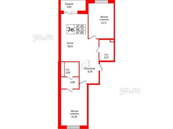 Квартира в ЖК Энфилд, 2 комнатная, 67.95 м², 3 этаж