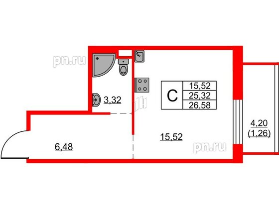 Квартира в ЖК FRIENDS, студия, 26.4 м², 2 этаж