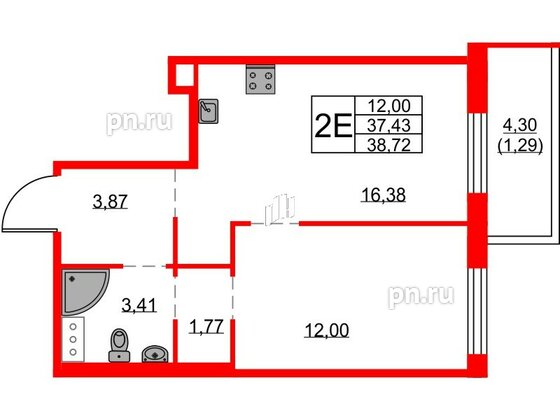 Квартира в ЖК FRIENDS, 1 комнатная, 38.1 м², 18 этаж