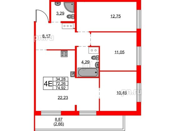 Квартира в ЖК FRIENDS, 3 комнатная, 74.92 м², 24 этаж