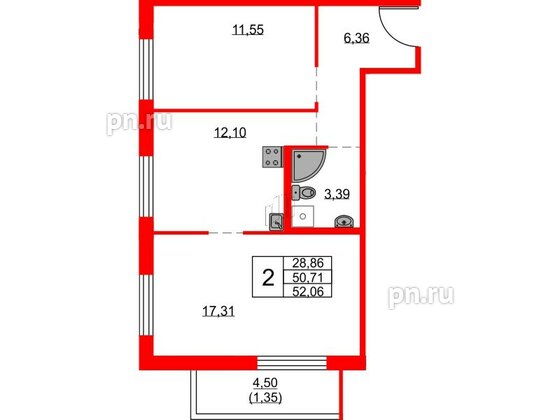 Квартира в ЖК FRIENDS, 2 комнатная, 51.5 м², 6 этаж