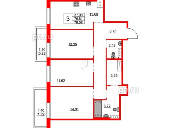 Квартира в ЖК FRIENDS, 3 комнатная, 79.06 м², 21 этаж