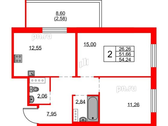 Квартира в ЖК FRIENDS, 2 комнатная, 53.4 м², 19 этаж