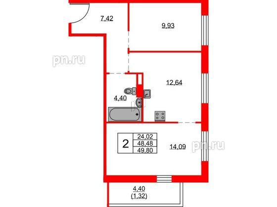 Квартира в ЖК FRIENDS, 2 комнатная, 48.9 м², 2 этаж