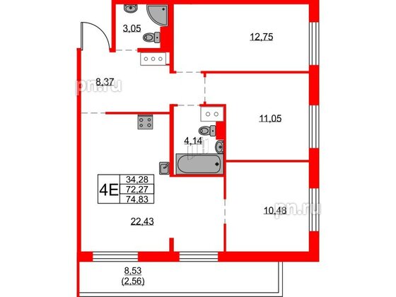 Квартира в ЖК FRIENDS, 3 комнатная, 74.83 м², 24 этаж