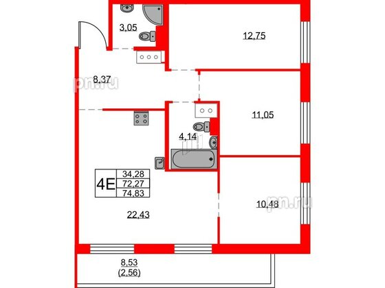 Квартира в ЖК FRIENDS, 3 комнатная, 74.1 м², 25 этаж