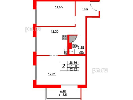 Квартира в ЖК FRIENDS, 2 комнатная, 52.32 м², 4 этаж