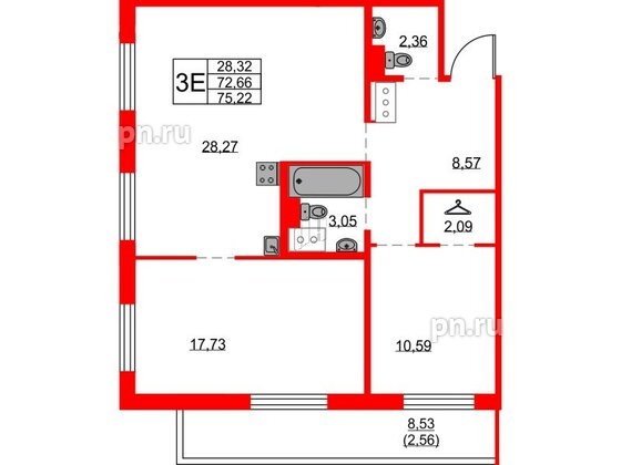 Квартира в ЖК FRIENDS, 2 комнатная, 74.4 м², 17 этаж