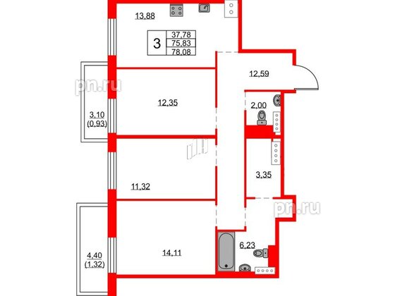 Квартира в ЖК FRIENDS, 3 комнатная, 78.08 м², 22 этаж