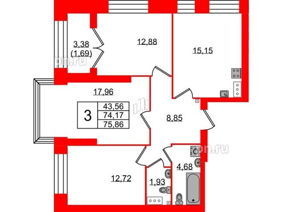 Квартира в ЖК Наука, 3 комнатная, 75.86 м², 10 этаж